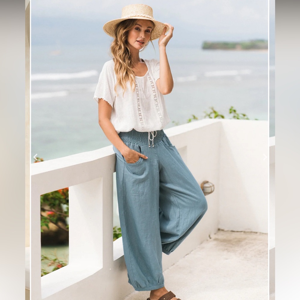 NOMAD THE LABEL BLUE WOMENS SADHU FRENCH LINEN PANTS TAHITI BLUE SIZE 6 UK